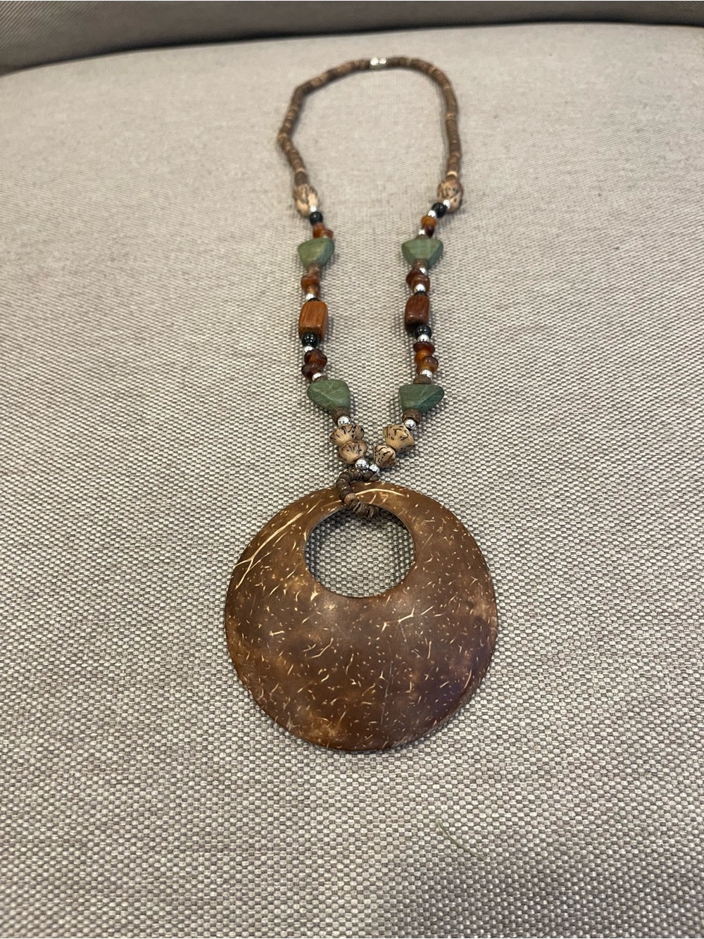 Boho Coconut Shell Pendant Necklace with Green and Brown Accents